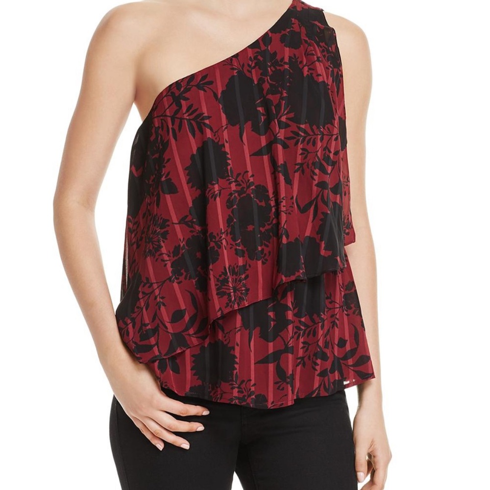 New Aqua Burgundy & Black Floral Tiered Asymmetrical Top Size XS